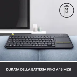 Logitech k400 plus tastiera wireless touch tv, facili controlli multimediali e touchpad integrato, tastiera htpc per tv collegata al pc, windows, android, chrome os, laptop, italiano qwerty - nero