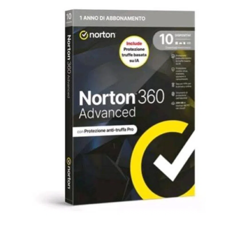 Norton 360 advanced 2026 antitruffa 10 dispositivi 200gb backup 12 mesi box — 2