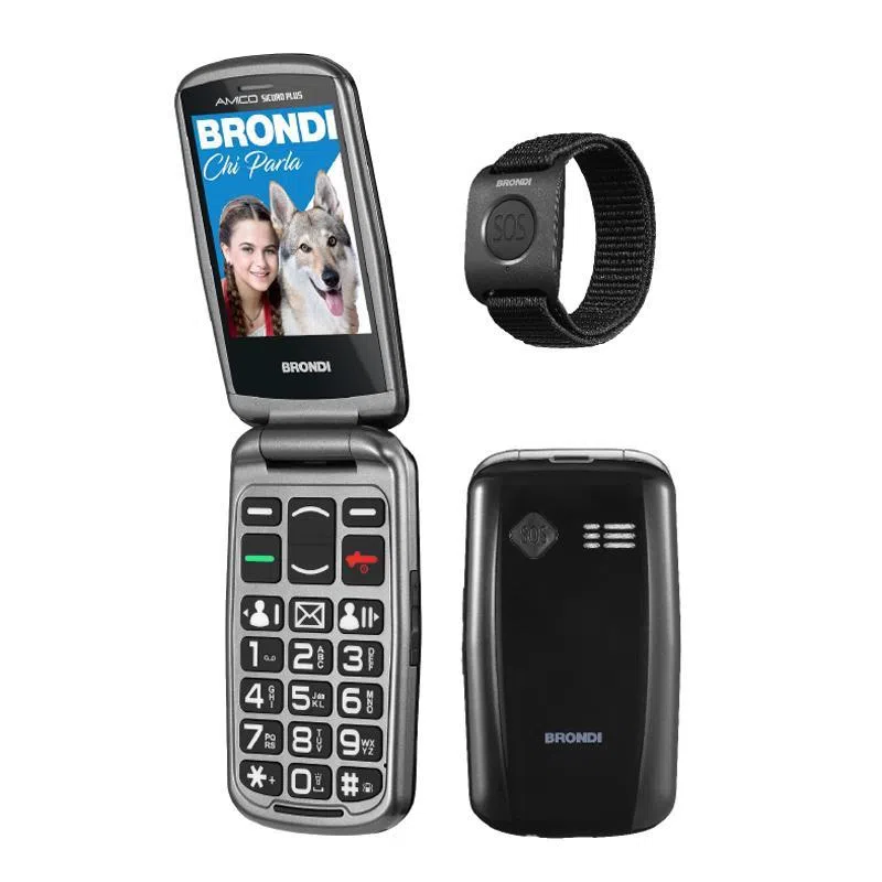Brondi amico sicuro plus 2.8`` dual sim sos black metal con base di ricarica e braccialetto sos