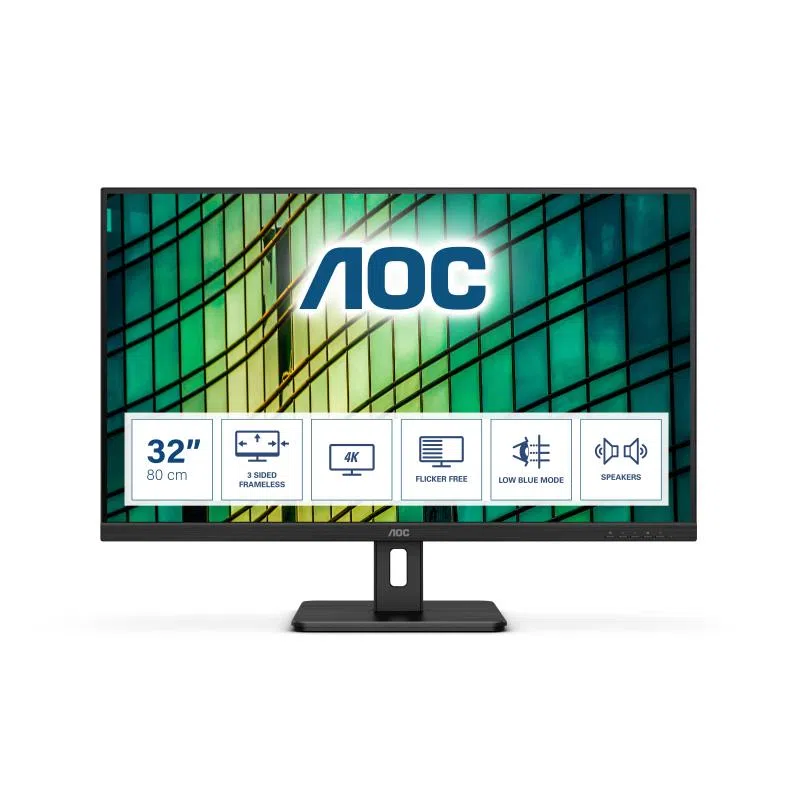 Aoc essential line u32e2n 31.5 uhd 4k led va formato 16:9 contrasto 2.500:1 2xhdmi 1xdisplay port colore nero garanzia italia — 2