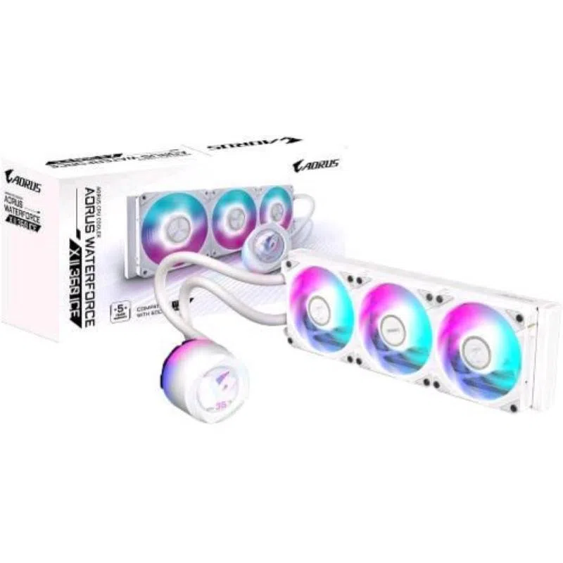 Gigabyte aorus waterforce x ii 360 ice aio liquid cpu cooler - ventole argb 3 x 120mm display lcd a colori completo- meccanismo di bloccaggio magnetico- daisy-chain intel 1700/1200/115x amd tr4/am5/am4/str5 bianco