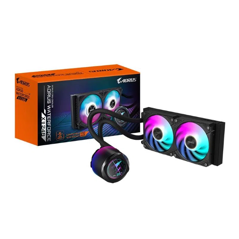 Gigabyte aorus waterforce x ii 240 raffreddamento a liquido per cpu aio - 2x ventole argb da 120 mm, lcd a colori, daisy-chain, compatibile con intel lga 1851 e amd am5