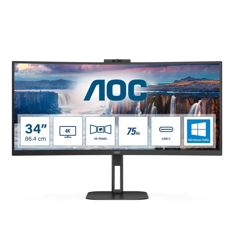 Aoc cu34v5c/bk 34 led wide quad hd curvo 3440 x 1440 21:9 300 cd/mq 1ms contrasto 3.000:1 100hz freesync altoparlanti hub usb integrato 65w-1 x hdmi 1 x displayport nero — 2