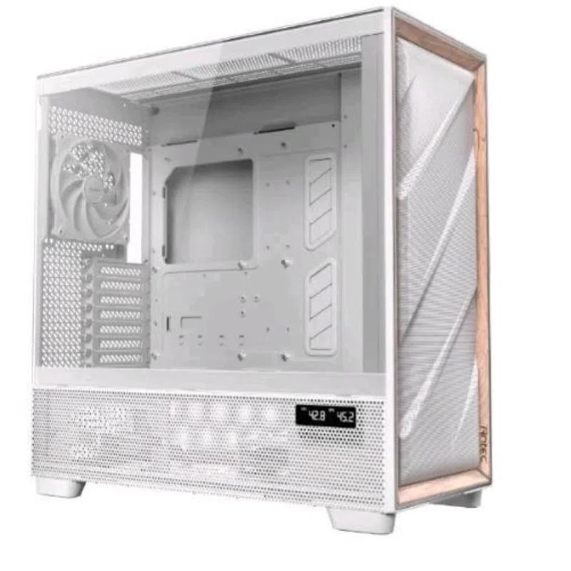 Antec flux pro full tower e-atx atx, micro-atx, itx frontale alto flusso con inseri in legno di betulla pannello laterale trasparente bianco
