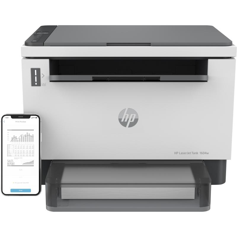 Laser tank 1604w 381l0a, stampante multifunzione con serbatoio toner integrato a ricarica rapida, stampa fronte e retro manuale in bianco e nero, 22 ppm, scansione a4, wi-fi, usb, hp smart, bianca