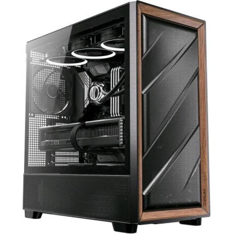 Antec flux wood mid tower frontale alto flusso rifiniture in legno di noce 5 ventole pwm incluse radiatore 420mm finestra laterale nero
