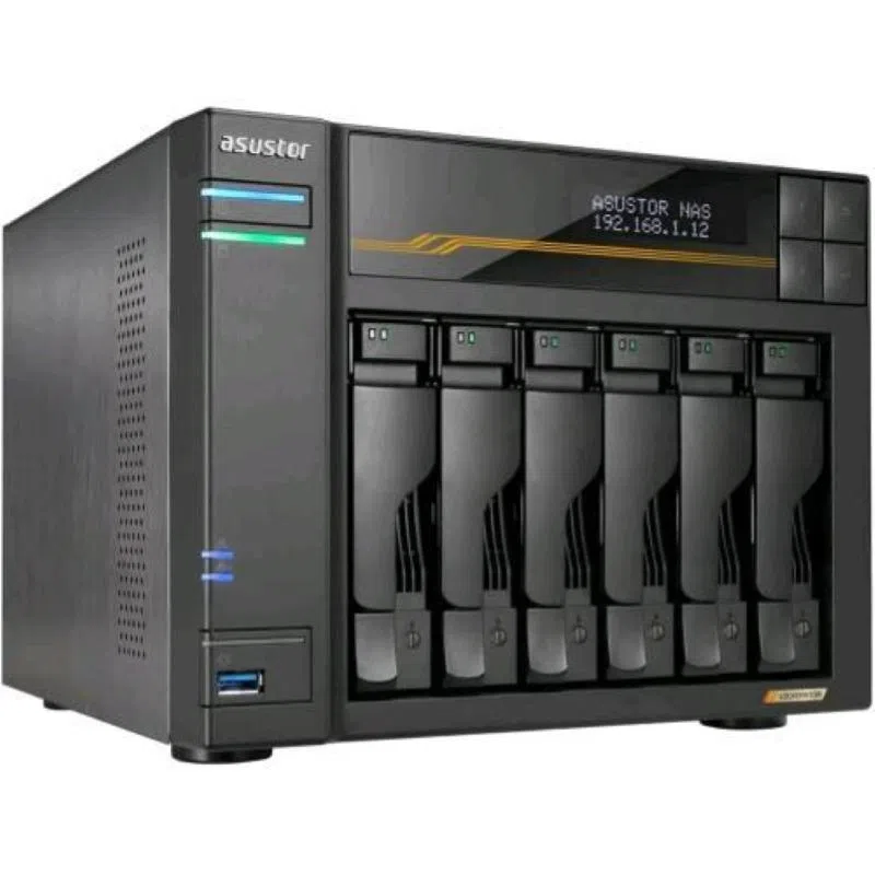 Asustor lockerstor 6 gen3 as6806t nas 6 baie amd ryzen quad-core 2.3 ghz, 16gb ram ecc ddr5, 4 m.2 nvme slots, 2 5gbe & 2 10gbe port, usb4 type-c, network attached storage (senza dischi)