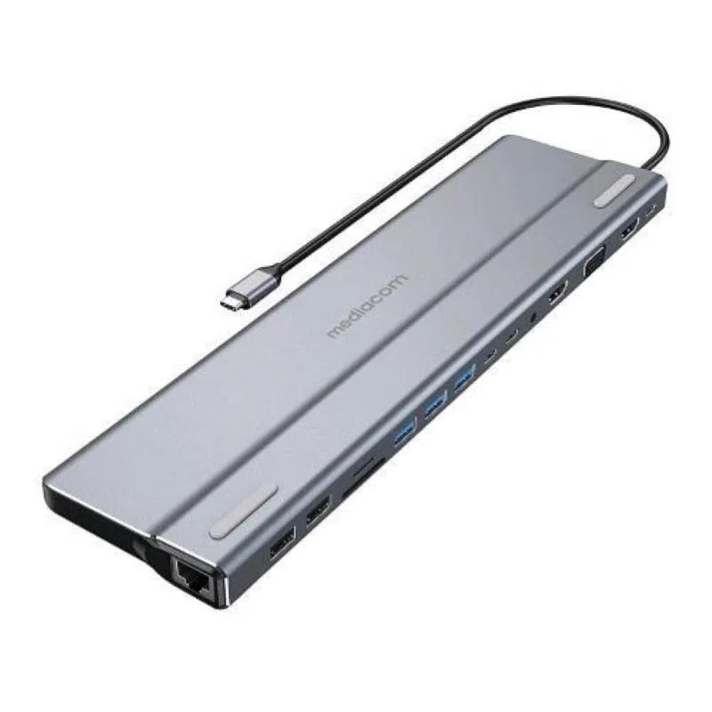 Mediacom md-c320 docking station power delivery 100 w 3 x usb-a 3.1- 2 x usb-a 2.0 - 1 x usb-c 100 w - 2 x hdmi 1 x rj-45 gigabit ethernet - 1 x vga 15 pin - 1 x sd mmc memory card - 1 x micro sd