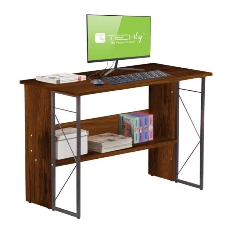 Scrivania per computer scrittoio salvaspazio in stile industriale con struttura acciaio e legno marrone (ica-tb-3524c)