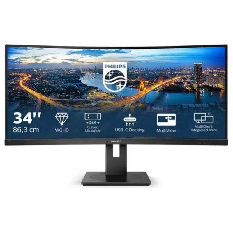 Philips monitor 346b1c gaming monitor curvo 34`` 21:9 wqhd, 100 hz, adaptive sync, multiview (pip, pbp), kvm e audio integrati, hdmi, display port, docking station usb-c, rj45, regolabile ergonomicamente, vesa — 2