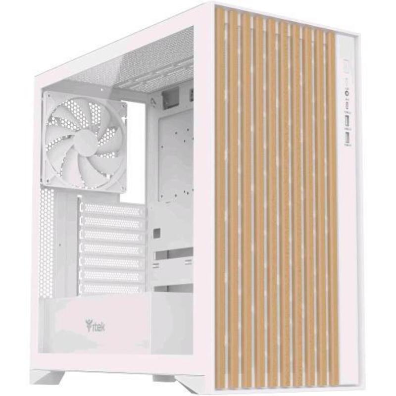 Itek case woody gaming tower atx 3 x14cm white fan 2 x usb3 type-c wood front temp glass side panel white edition — 2