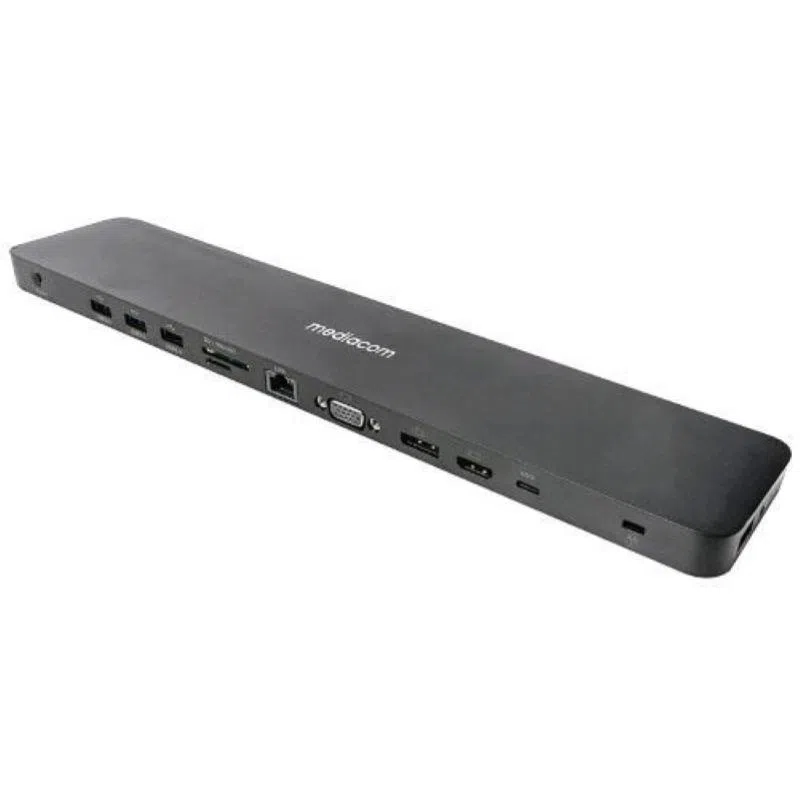 Mediacom m-docktpcp docking station pro power delivery 100 w 12 connessioni 1 x usb-c 3.1 - 1 x usb-c 100 w - 2 x usb-a 3.2 - 1 x usb-a 3.0 battery charghing 1.2 - 2 x usb 2.0 - 1 x hdmi - 1 displayport - 1 x vga -1 x rj-45 gigabit - 1 x jack 3.5mm