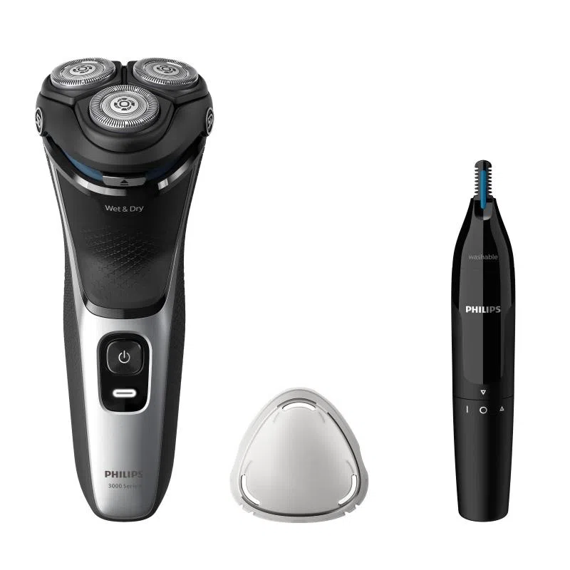 Philips s3143/02 rasoio elettrico ricaricabile wet e dry 3 testine con rifinitore bundle nero argento