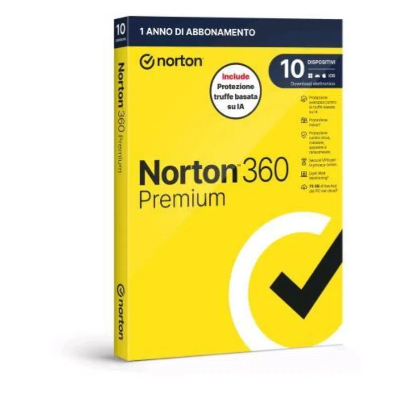Norton 360 premium 2026 antitruffa 10 dispositivi 75gb backup 12 mesi box — 2