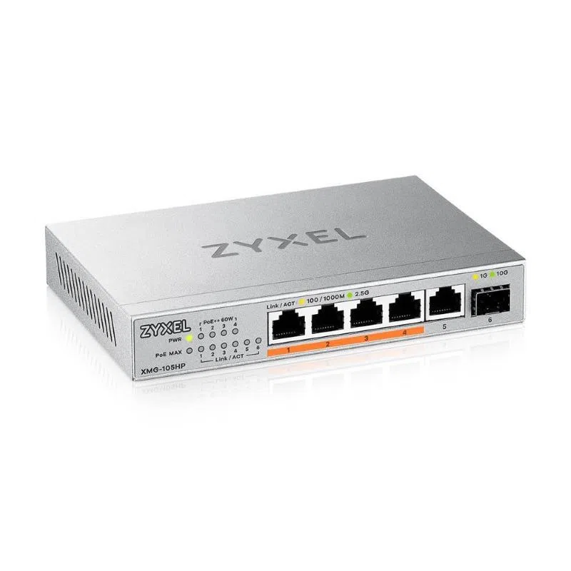 Zyxel xmg-105hp swtich non gestito 5 porte 2.5g ethernet 100/1000/2500 poe 70 w 1 porta 10gbe sfp+ desktop argento