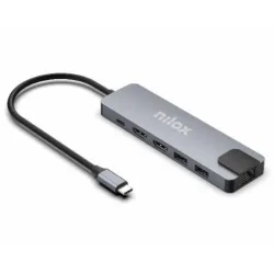 Nilox docking station con porta usb-c, 2 porte hdmi 4k, 4 porte usb, rj45, usb-c max 100 w alluminio
