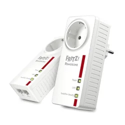 Avm fritz! powerline 1220e set di 2 adattatori con presa passante fino a 1200 mbps 2 porte lan gigabit plug and play eco mode