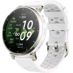 Amazfit active 3 premium smartwatch 45mm 1.32 amoled vetro zaffiro gps running nfc mappe offline 5 atm 170+ sport argento bianco