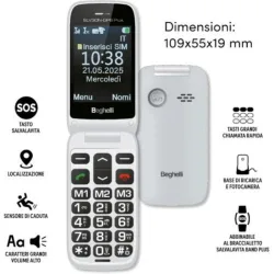 Beghelli slv30n-gps plus dual sim 2.8 senior phone a conchiglia tasti grandi retroilluminati tasto sos localizzazione sensore di caduta volume aumentato base di ricarica fotocamera grigio chiaro