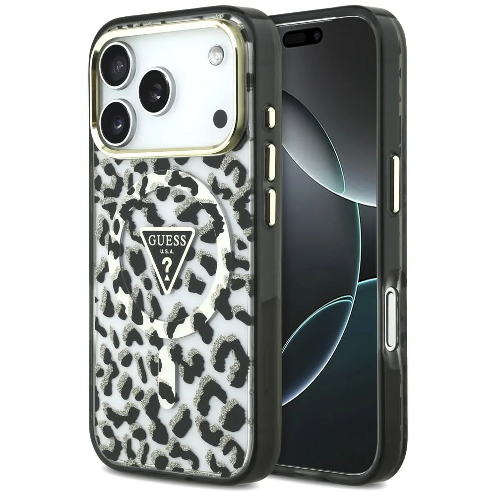 Custodia MagSafe per Apple iPhone 18 Pro Max / 17 Pro Max, Guess, Logo Triangolo Glitter Leopardo, Nera — 1