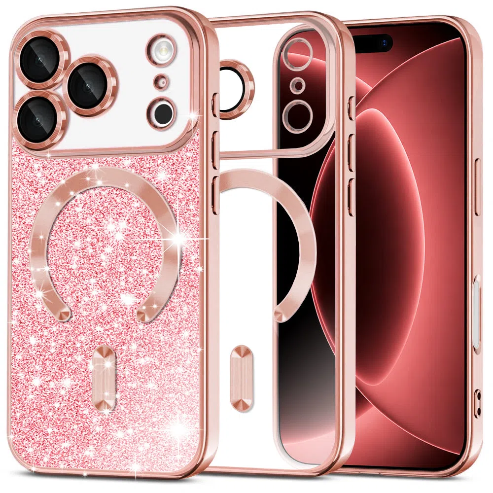 Custodia MagSafe per Apple iPhone 18 Pro Max / 17 Pro Max, Techsuit, Luxury Glitter, Rosa Dorato — 1