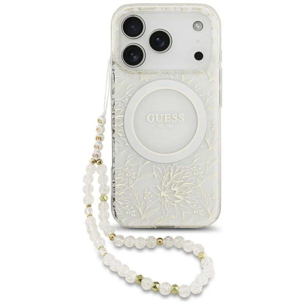 Custodia MagSafe per Apple iPhone 18 Pro Max / 17 Pro Max, Guess, IML Flowers Placcata Elettroliticamente con Cinturino Perla, Bianca — 1