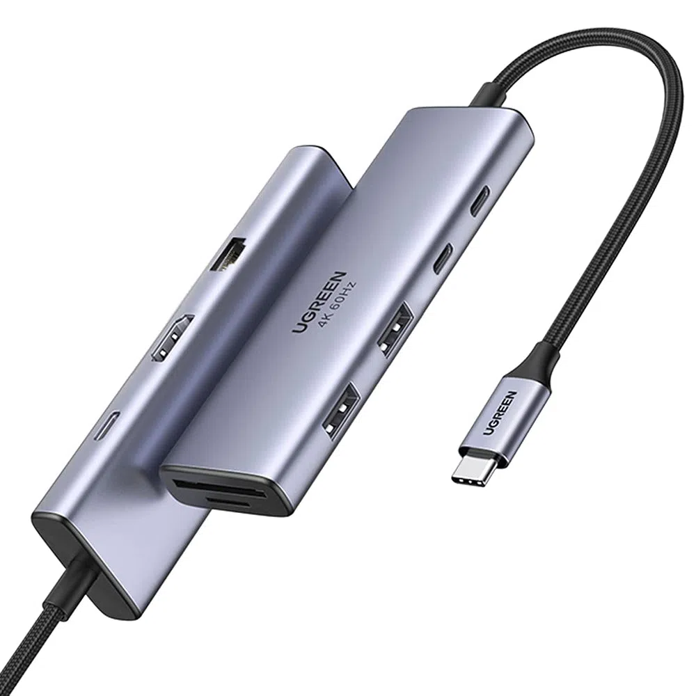 Hub USB-C UGREEN CM498 (15375), 2 x USB-A - 3 x USB-C - 1 x HDMI - 1 x RJ45 - 1 x SD - 1 x microSD, Grigio — 1