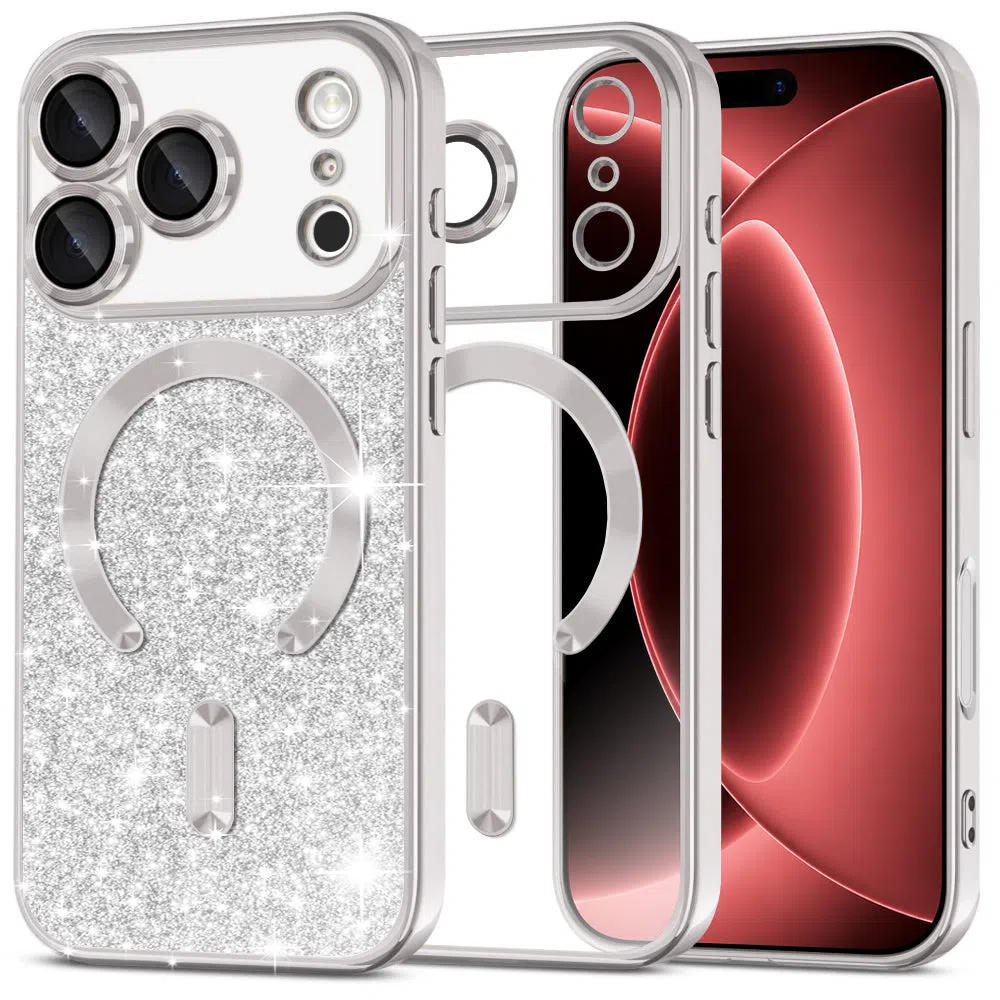 Custodia MagSafe per Apple iPhone 18 Pro Max / 17 Pro Max, Techsuit, Luxury Glitter, Argento — 1