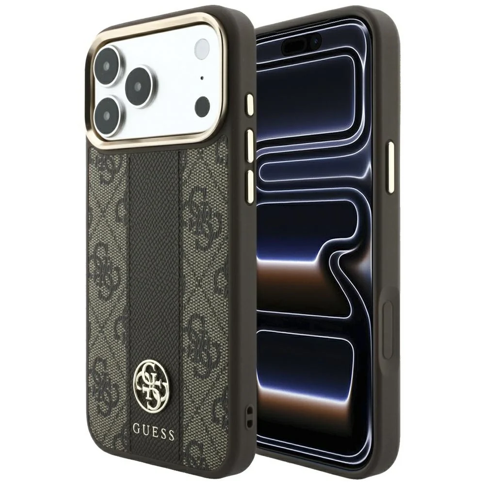 Custodia MagSafe per Apple iPhone 18 Pro / 17 Pro, Guess, 4G Stripe Round Classic Logo, Marrone — 1