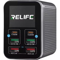 Caricabatterie Stazione Relife Q4, 72W, 5A, 2 x USB-C - 4 x USB-A, Grigio