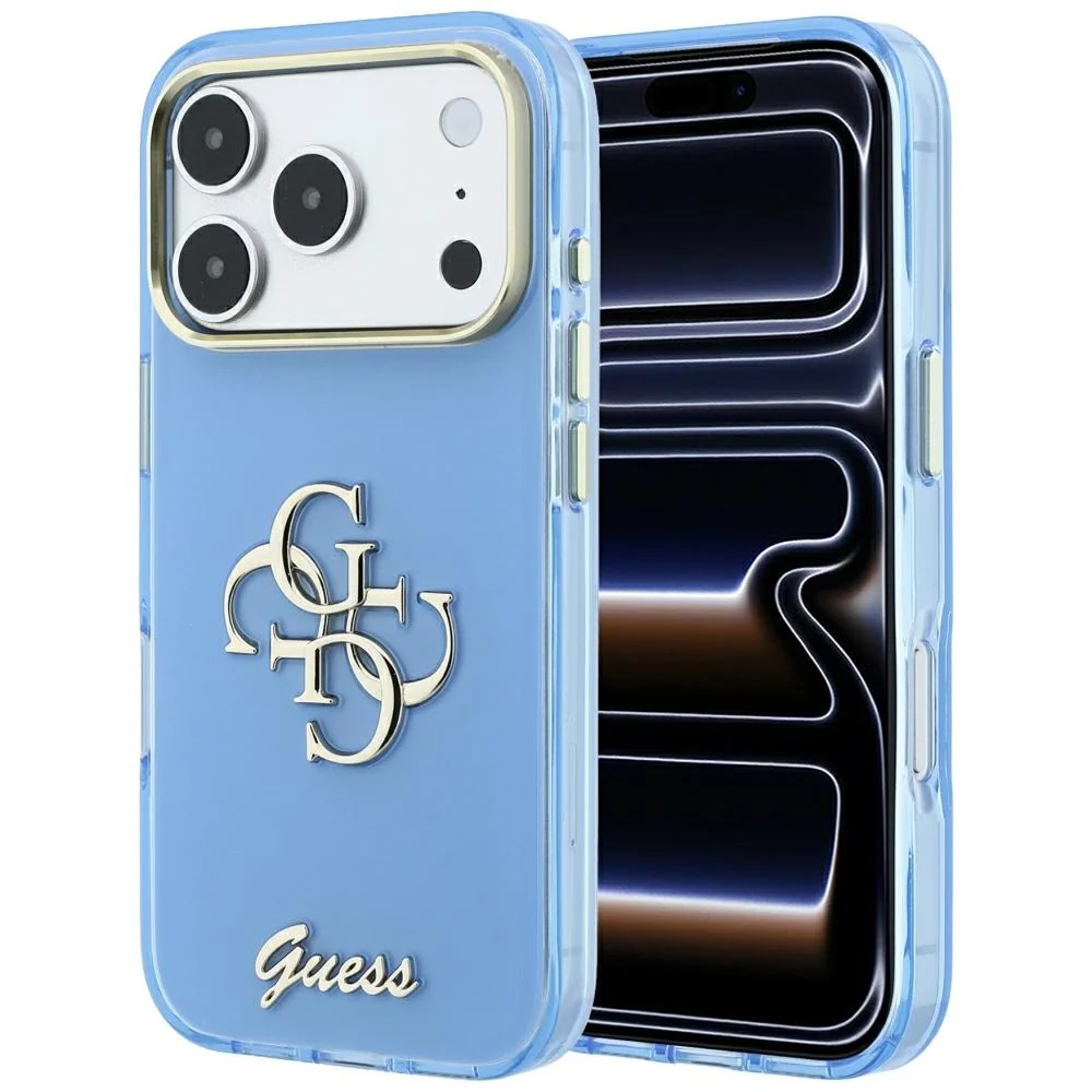 Custodia per Apple iPhone 18 Pro / 17 Pro, Guess, IML 4G Metal Script, Blu — 1