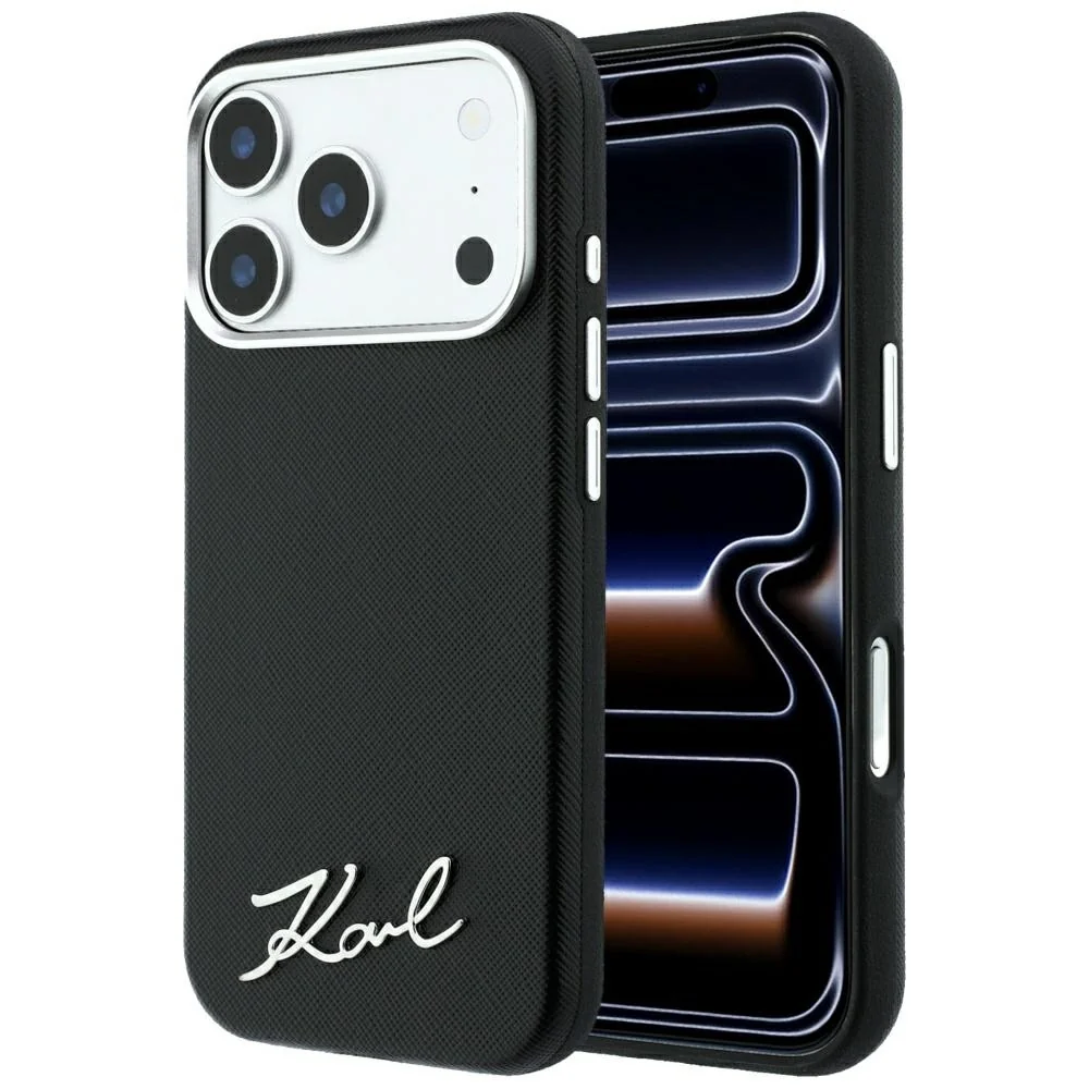 Custodia MagSafe per Apple iPhone 18 Pro Max / 17 Pro Max, Karl Lagerfeld, Saffiano Small Script Metal Logo, Nera — 1