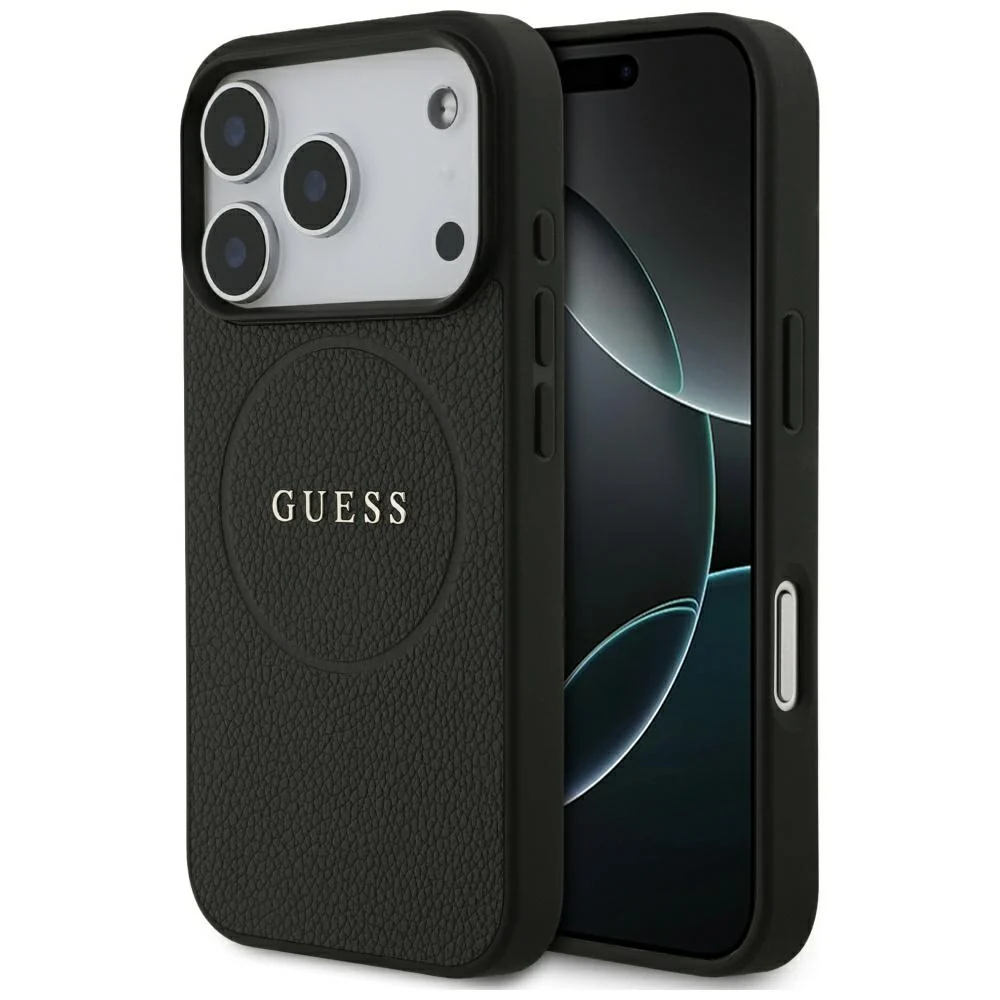 Custodia MagSafe per Apple iPhone 18 Pro Max / 17 Pro Max, Guess, Anello Oro Granulato, Nera — 1