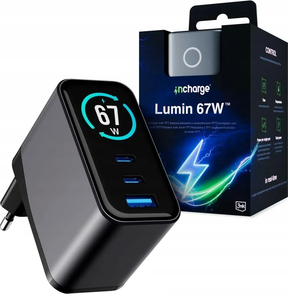 Caricatore da rete 3MK InCharge Lumin Display, 67W, 5A, 1 x USB-A - 2 x USB-C, Nero — 1