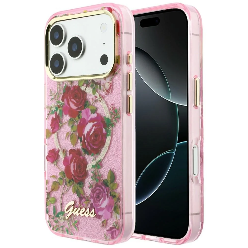 Custodia MagSafe per Apple iPhone 18 Pro / 17 Pro, Guess, IML Glitter Blossom Roses, Rosa — 1