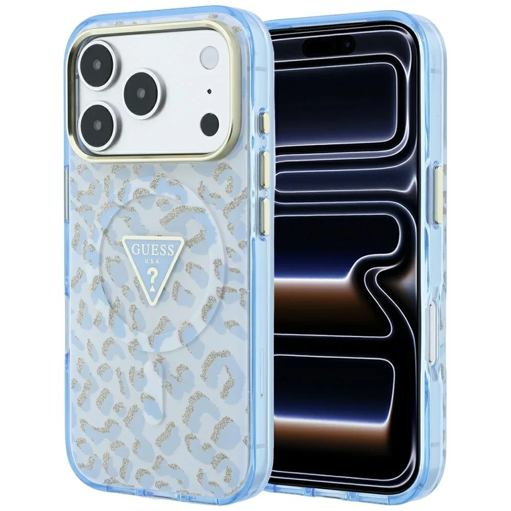 Custodia MagSafe per Apple iPhone 18 Pro Max / 17 Pro Max, Guess, Logo Triangolo Glitter Leopardo, Blu — 1