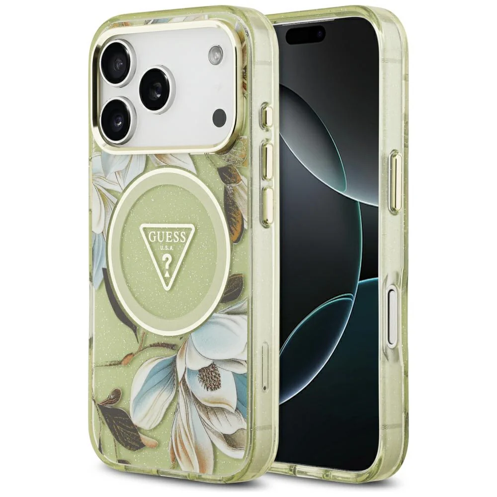 Custodia MagSafe per Apple iPhone 18 Pro / 17 Pro, Guess, IML Metal Glitter Flowers Triangle, Verde — 1
