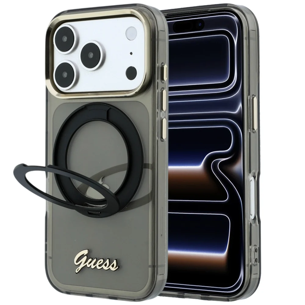 Custodia MagSafe per Apple iPhone 18 Pro Max / 17 Pro Max, Guess, Ring Stand Script Metal Logo, Nera — 1