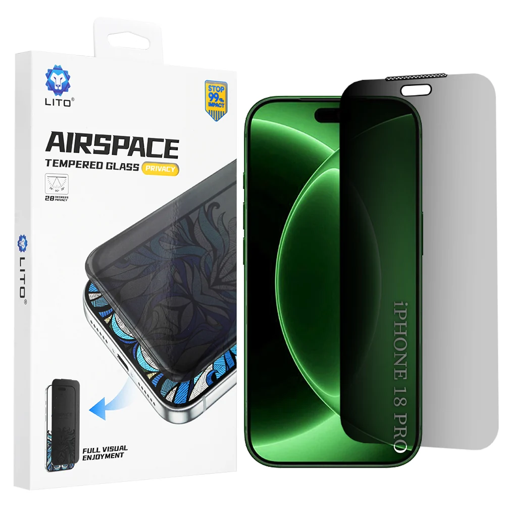 Pellicola protettiva per schermo Privacy Lito Airspace Border per Apple iPhone 18 Pro / 17 Pro, Vetro temperato, Full Glue — 1
