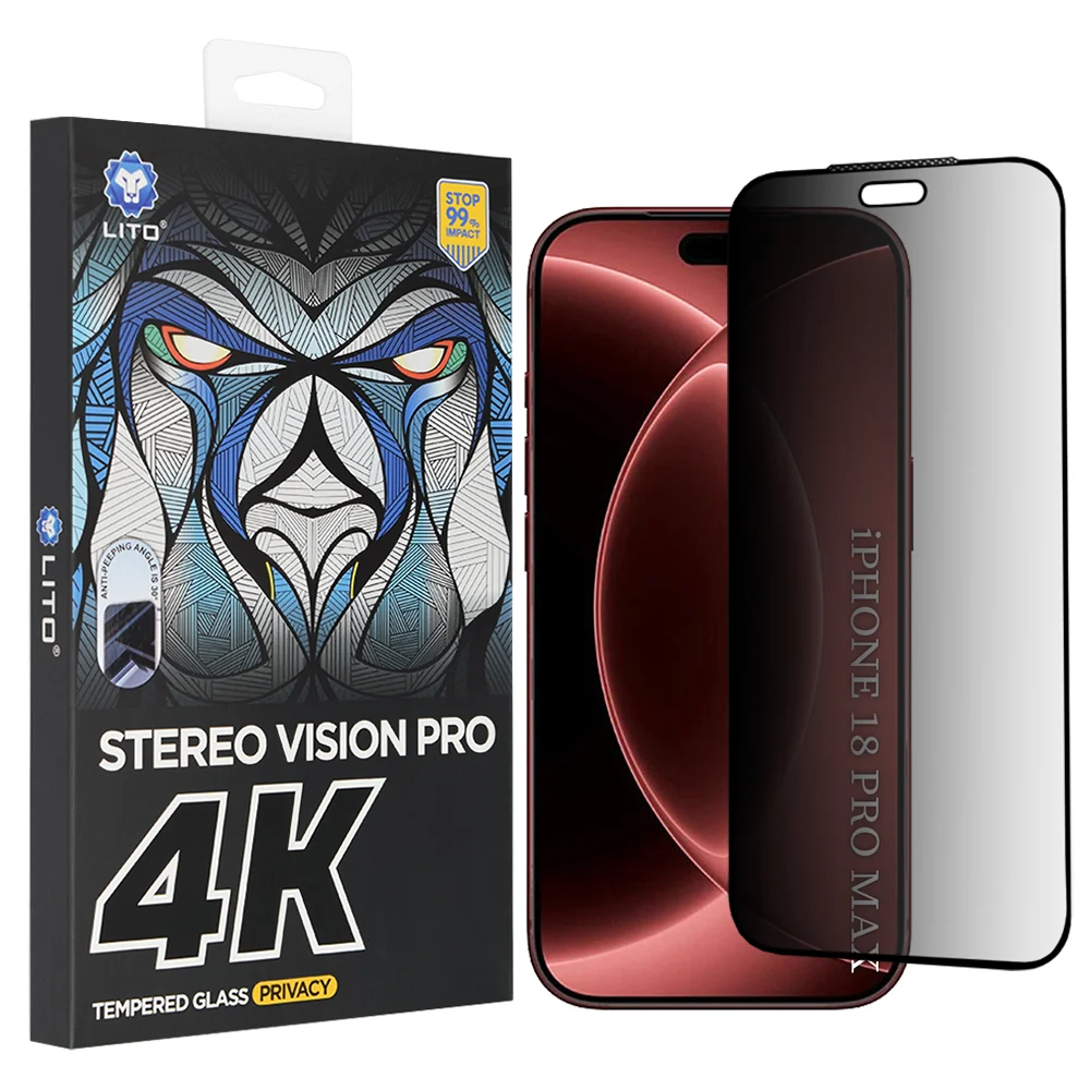 Pellicola protettiva per schermo Privacy Lito D+ Max 4K per Apple iPhone 18 Pro Max, Vetro temperato, Full Glue — 1
