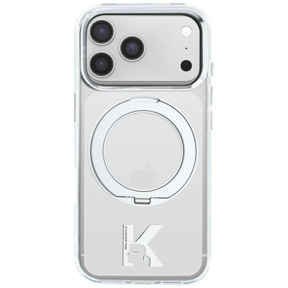 Custodia MagSafe per Apple iPhone 18 Pro / 17 Pro, Karl Lagerfeld, IML Ring Stand Kameo Metal, Trasparente — 1