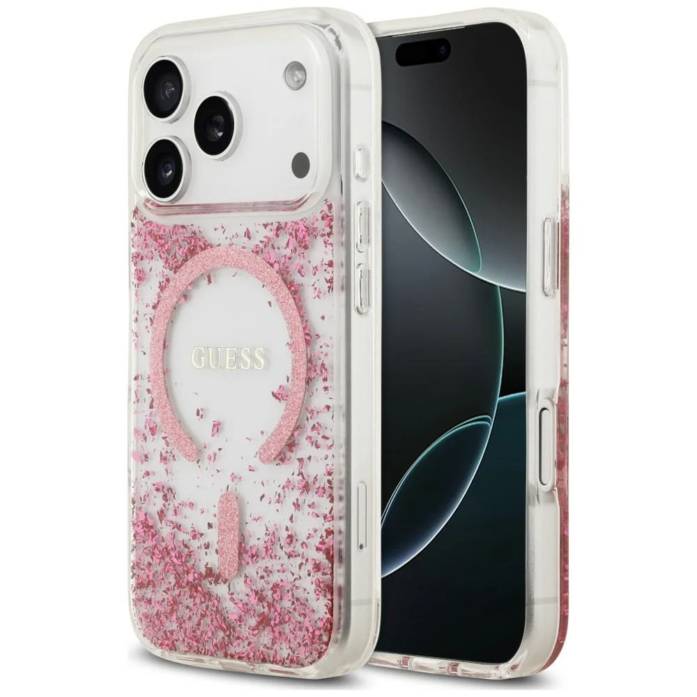Custodia MagSafe per Apple iPhone 18 Pro / 17 Pro, Guess, Fondo in Resina Glitter, Rosa — 1