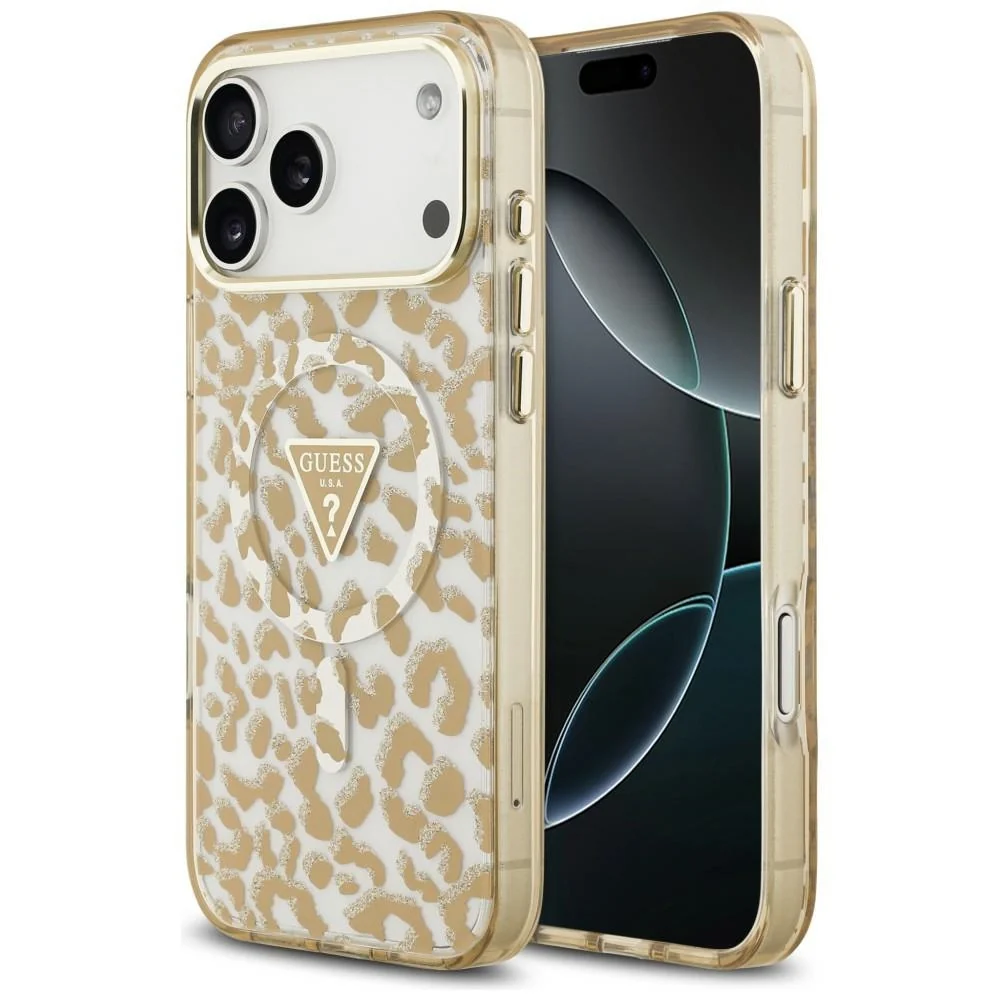 Custodia MagSafe per Apple iPhone 18 Pro Max / 17 Pro Max, Guess, Logo Triangolo Glitter Leopardo, Marrone — 1