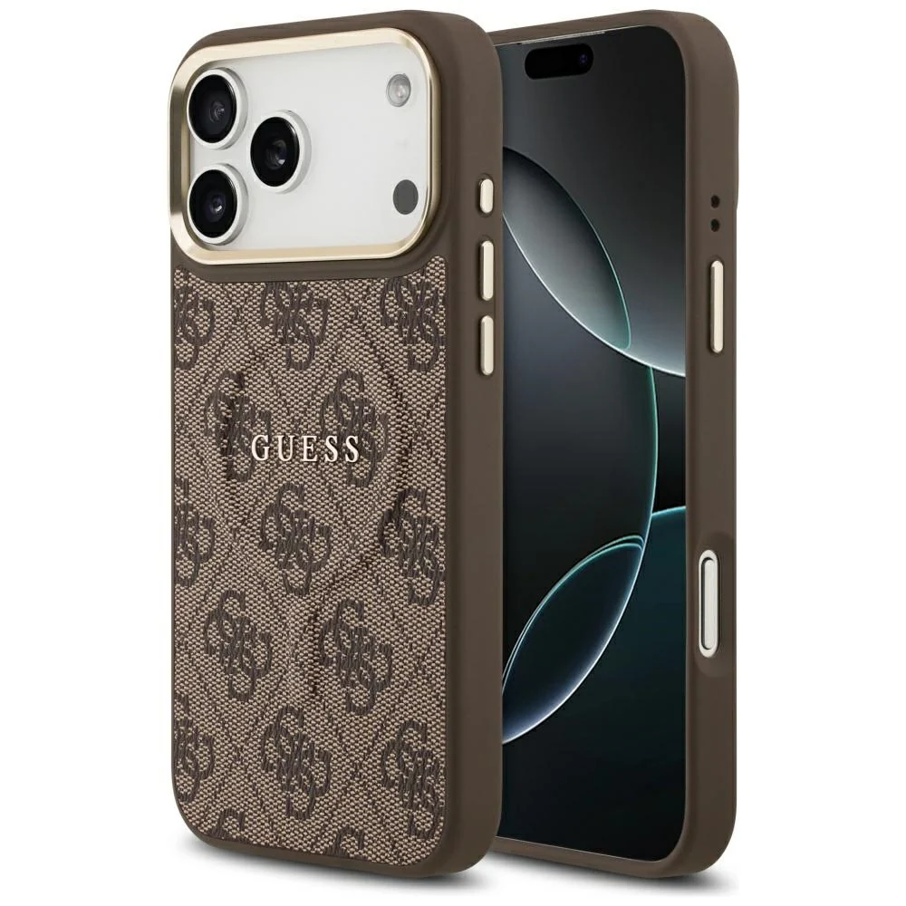 Custodia MagSafe per Apple iPhone 18 Pro / 17 Pro, Guess, 4G Embossed Ring Classic Logo, Marrone — 1