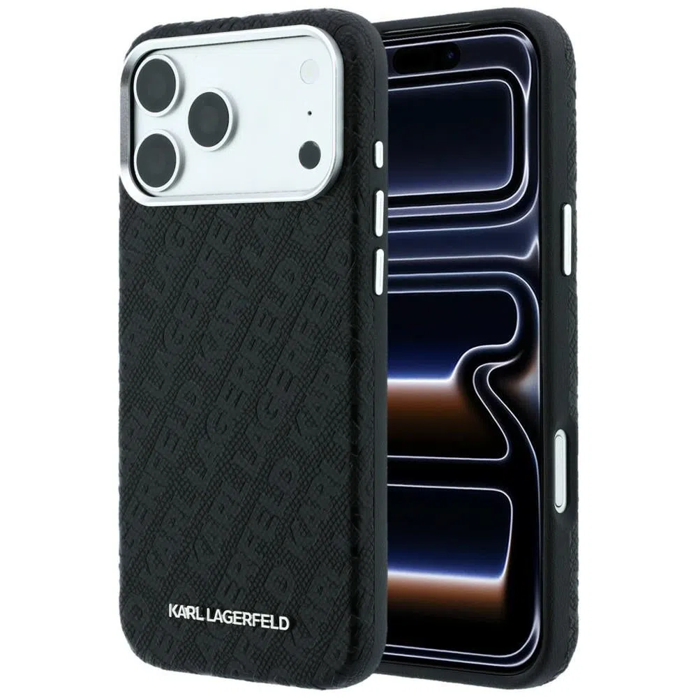 Custodia MagSafe per Apple iPhone 18 Pro Max / 17 Pro Max, Karl Lagerfeld, Logo in Metallo Granulato, Nera — 1