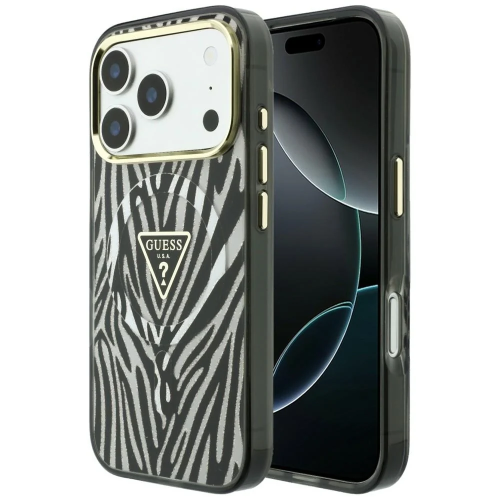 Custodia MagSafe per Apple iPhone 18 Pro Max / 17 Pro Max, Guess, Logo Triangolo Glitter Zebra, Argento — 1