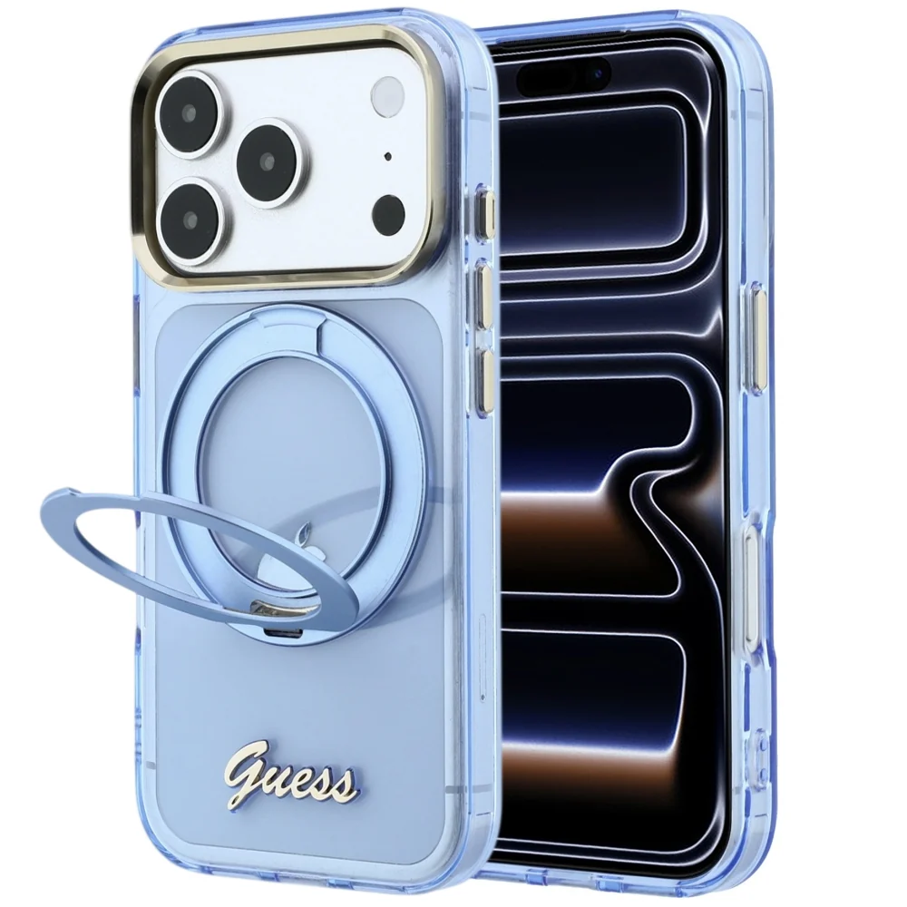 Custodia MagSafe per Apple iPhone 18 Pro / 17 Pro, Guess, Ring Stand Script Metal Logo, Blu — 1