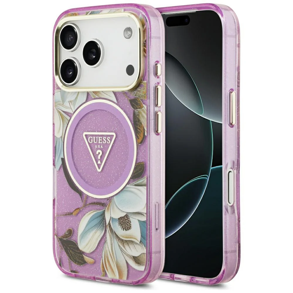 Custodia MagSafe per Apple iPhone 18 Pro / 17 Pro, Guess, IML Metal Glitter Flowers Triangle, Viola — 1