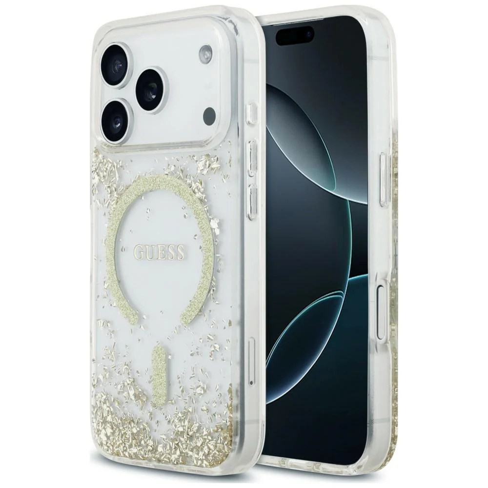 Custodia MagSafe per Apple iPhone 18 Pro Max / 17 Pro Max, Guess, Fondo in Resina Glitter, Dorata — 1