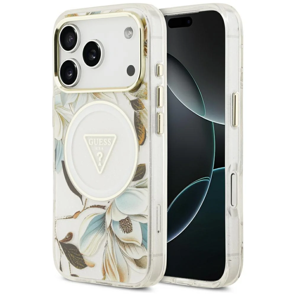 Custodia MagSafe per Apple iPhone 18 Pro / 17 Pro, Guess, IML Metal Glitter Flowers Triangle, Bianca — 1